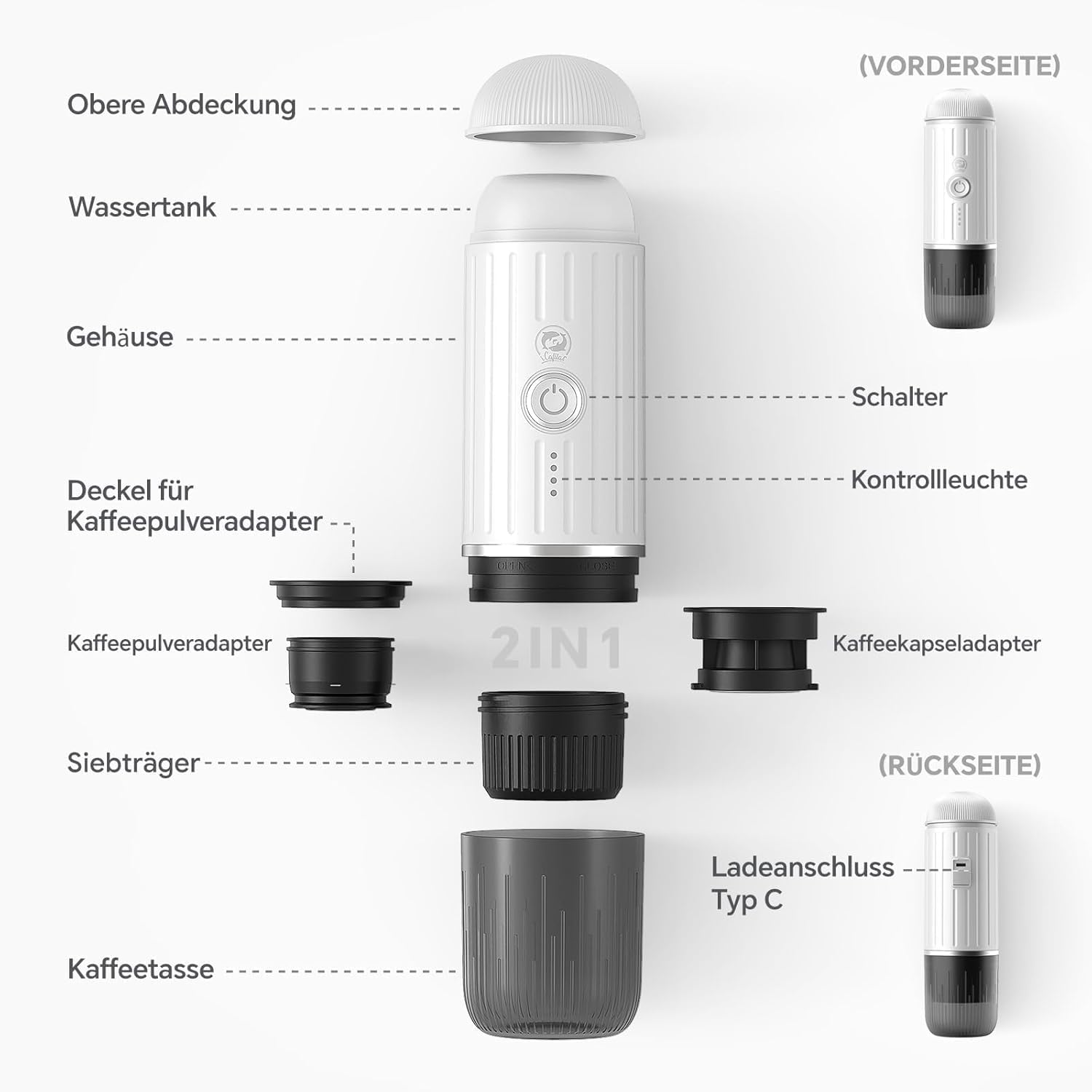 iCafilas 2-in-1 Portable Espresso Maker with Heating - White