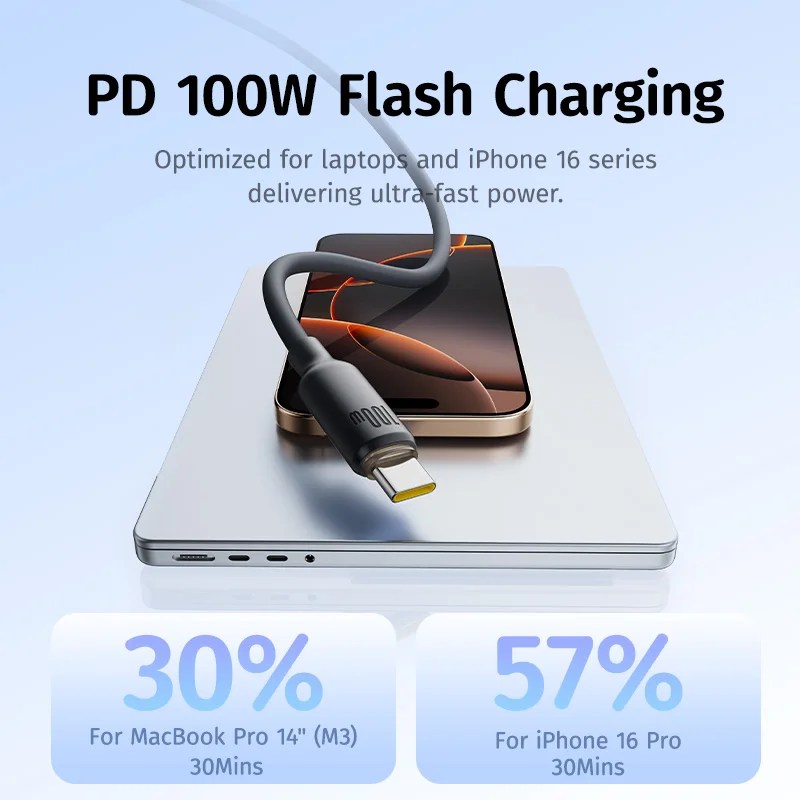 Baseus كابل شحن سريع من USB-C إلى USB-C بقوة 100 واط طول 1 متر - Foamed Silicone