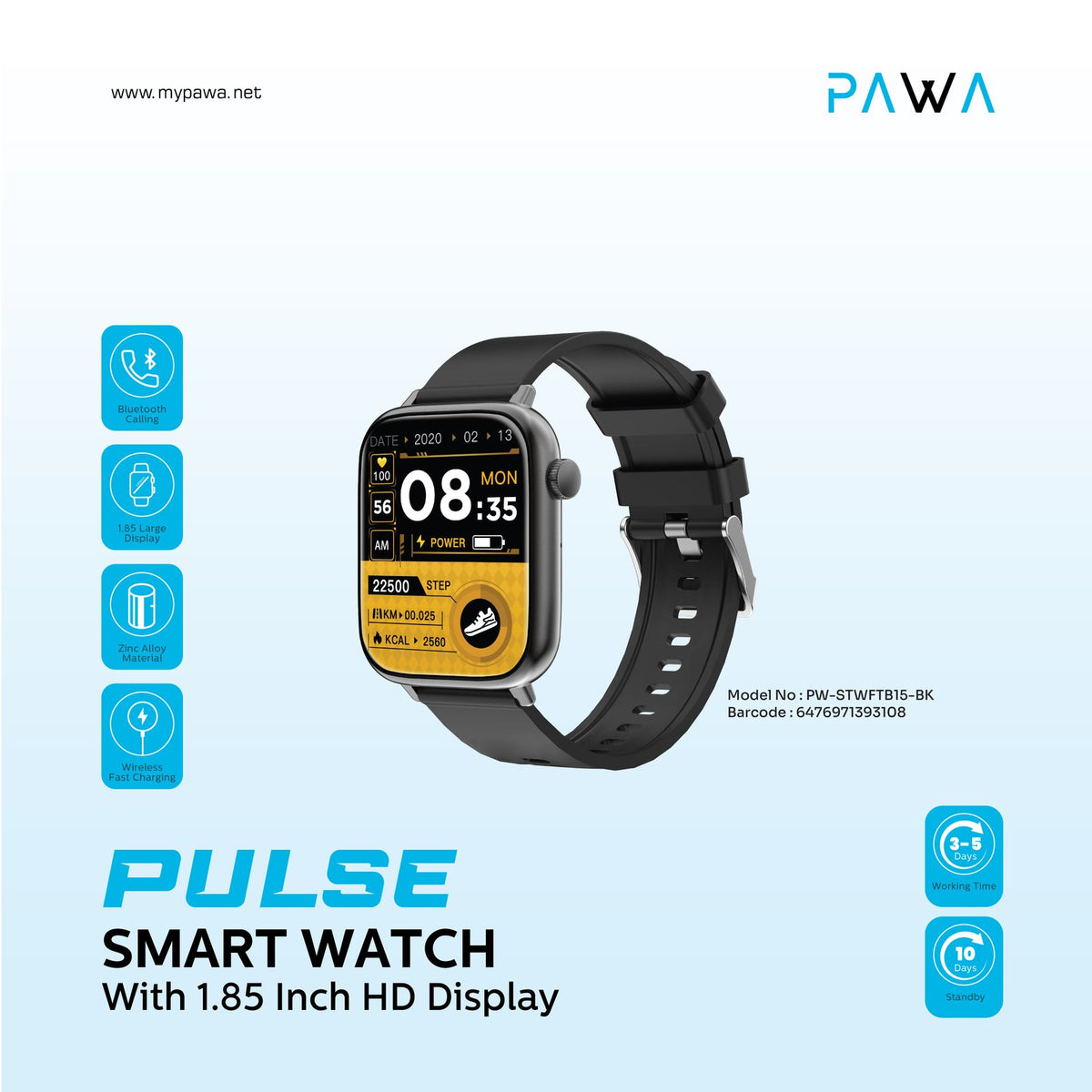 ساعة PAWA بلس الذكية بشاشة HD مقاس 1.85 بوصة - أسود