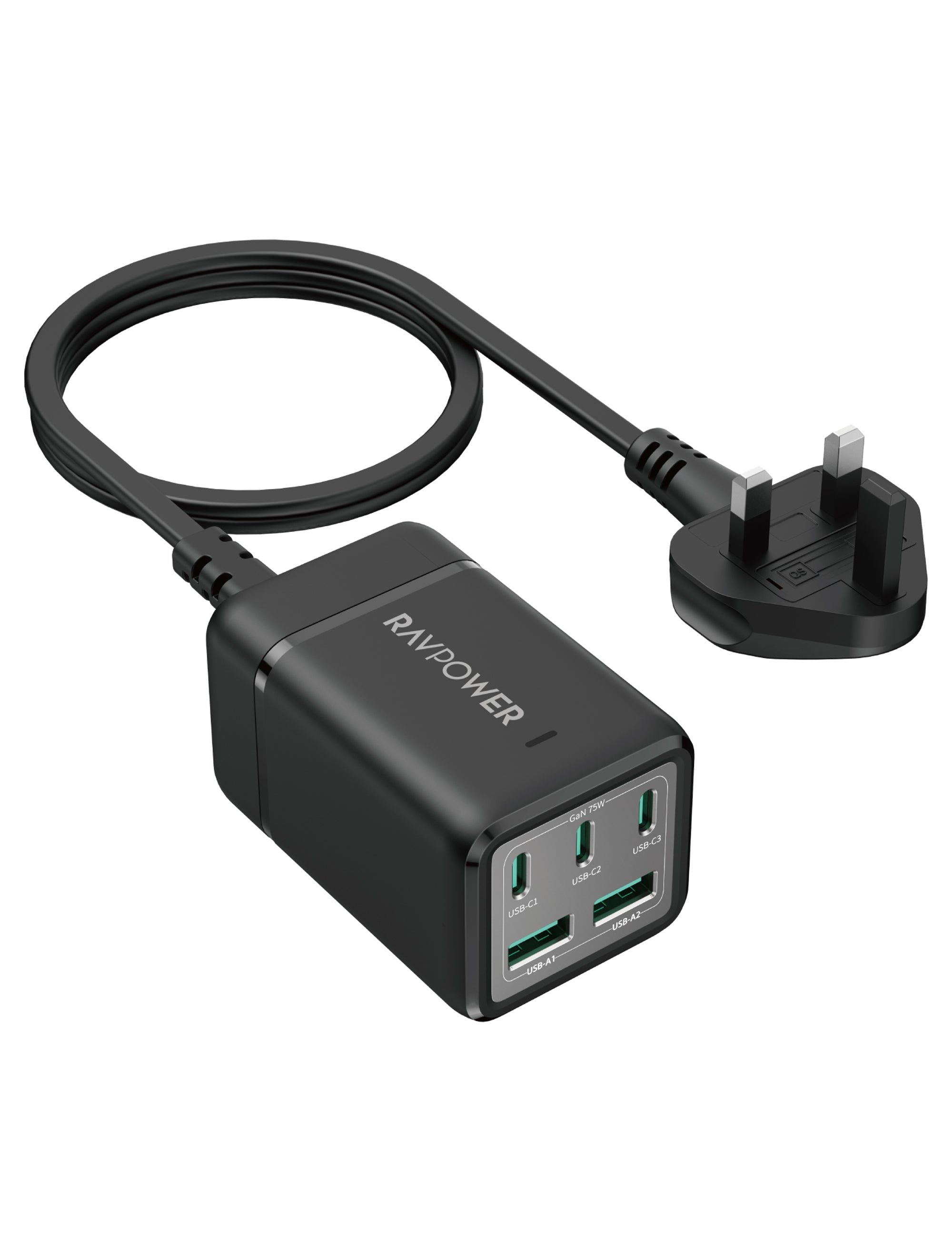 RAVPower 75W Power Strip 5-Port without AC outletsc Offline Black - PC1045