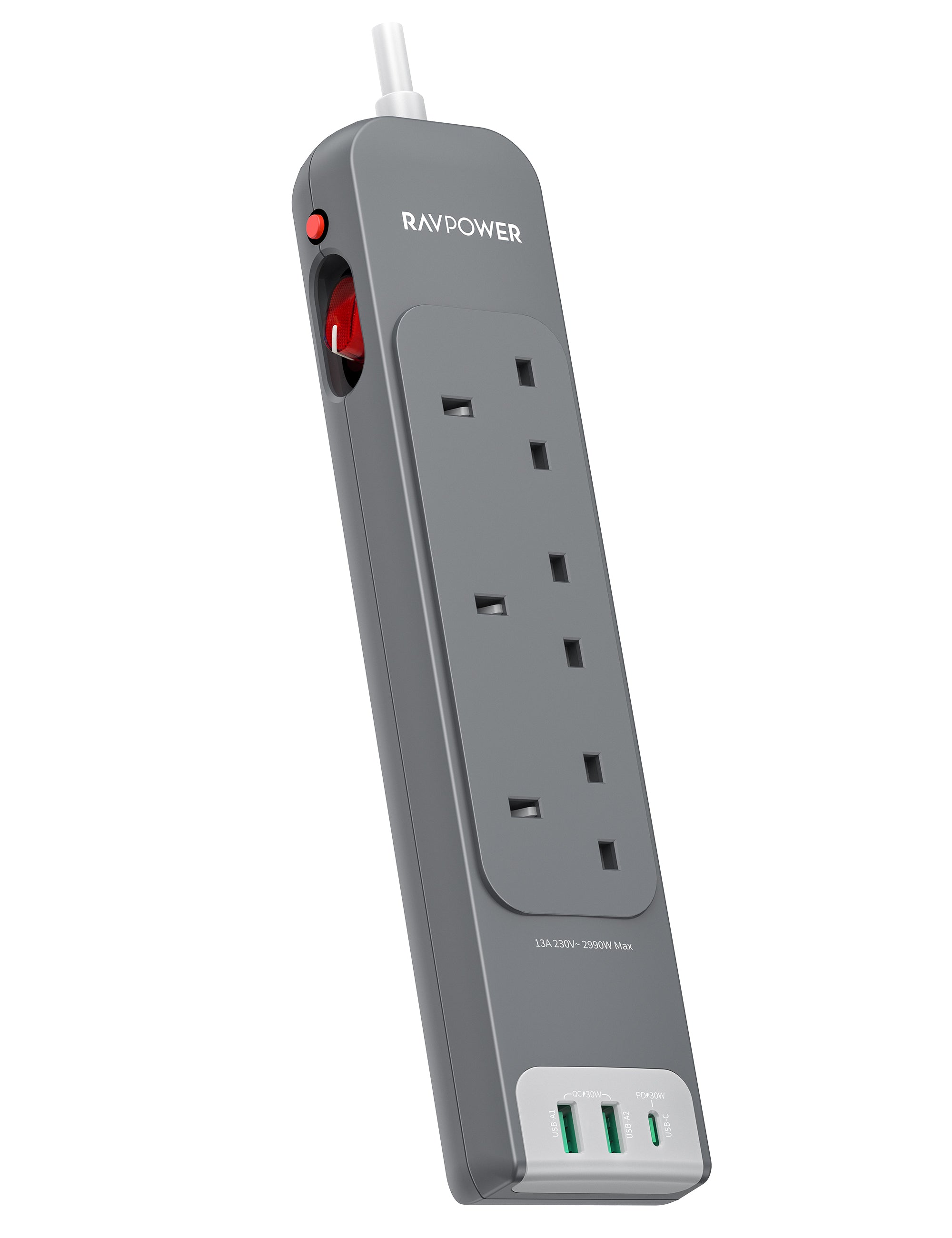 RAVPower 3 Outlets Power Strip Gray UK Version 3m with USB Port - PC1038