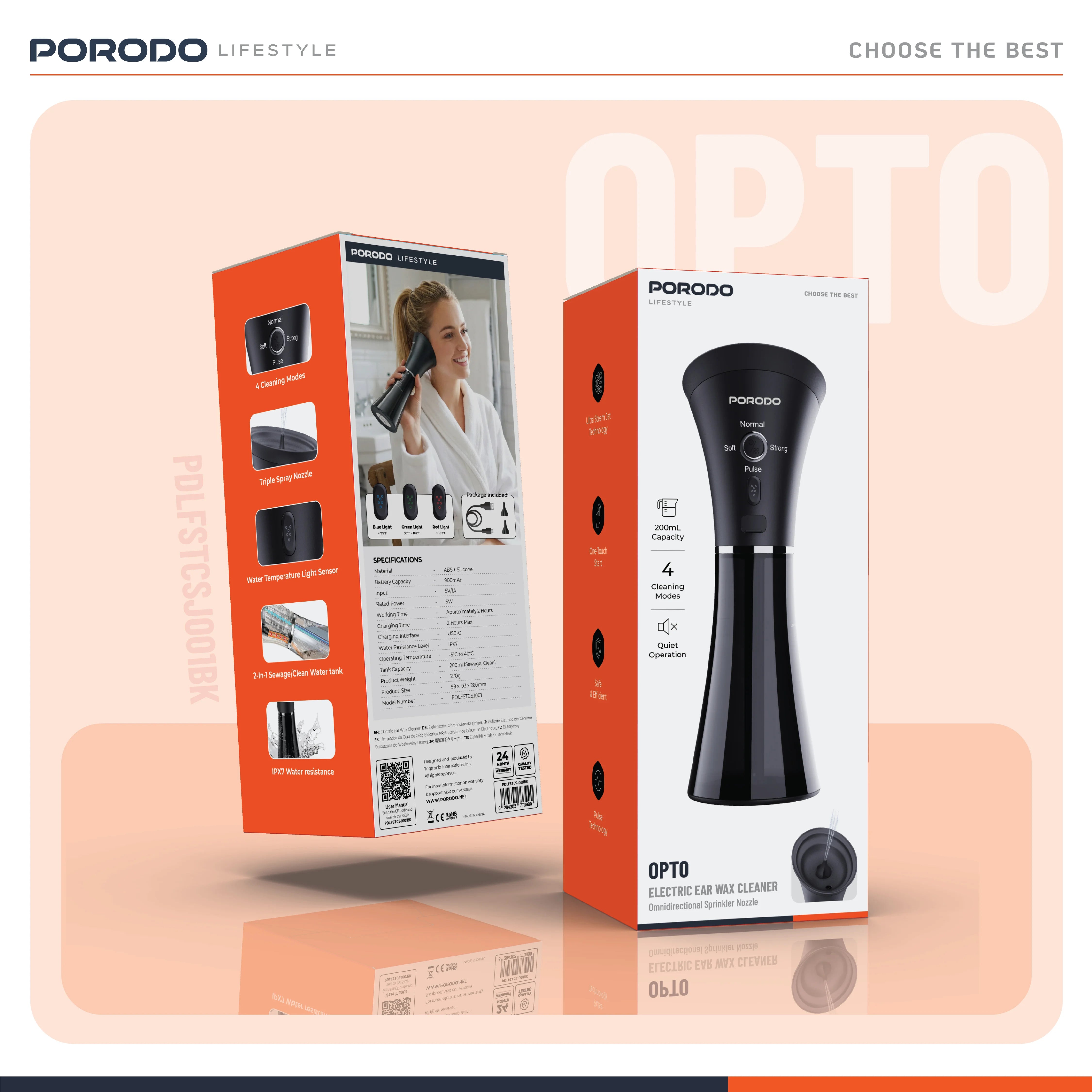 منظف الأذن الكهربائي Porodo Opto - أسود