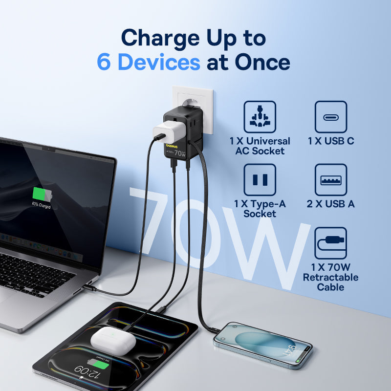 Baseus EnerCore CG11 Universal Travel Adapter 70W with Retractable USB-C - E0307E00