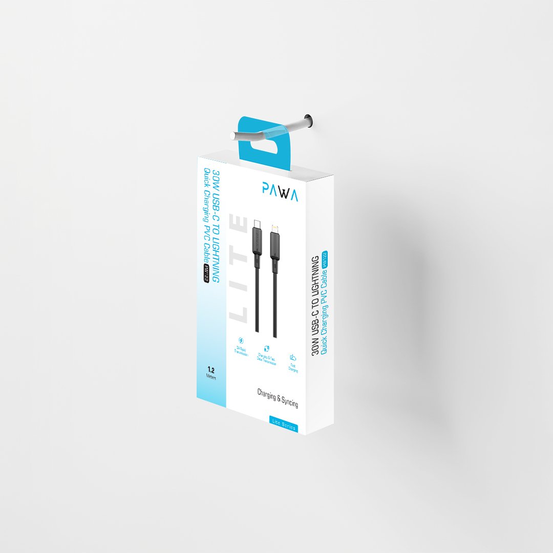 PAWA كابل شحن سريع Lite من Type-C إلى Lightning بقوة 30 واط 1.2 متر - أسود