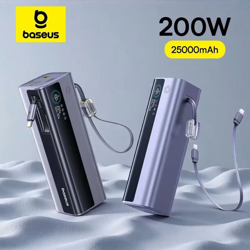 Baseus EnerGeek GR11 باور بانك بكابل قابل للسحب 25000 ملي أمبير 200 واط - رمادي فضائي