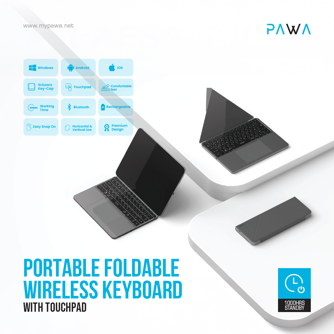 PAWA لوحة مفاتيح لاسلكية قابلة للطي محمولة مع لوحة لمس - رمادي