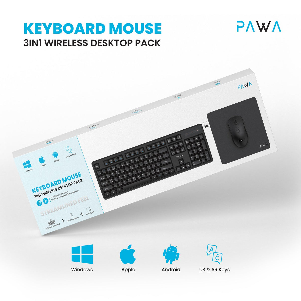 PAWA Keyboard & Mouse 3-in-1 Wireless Desktop Pack - Black