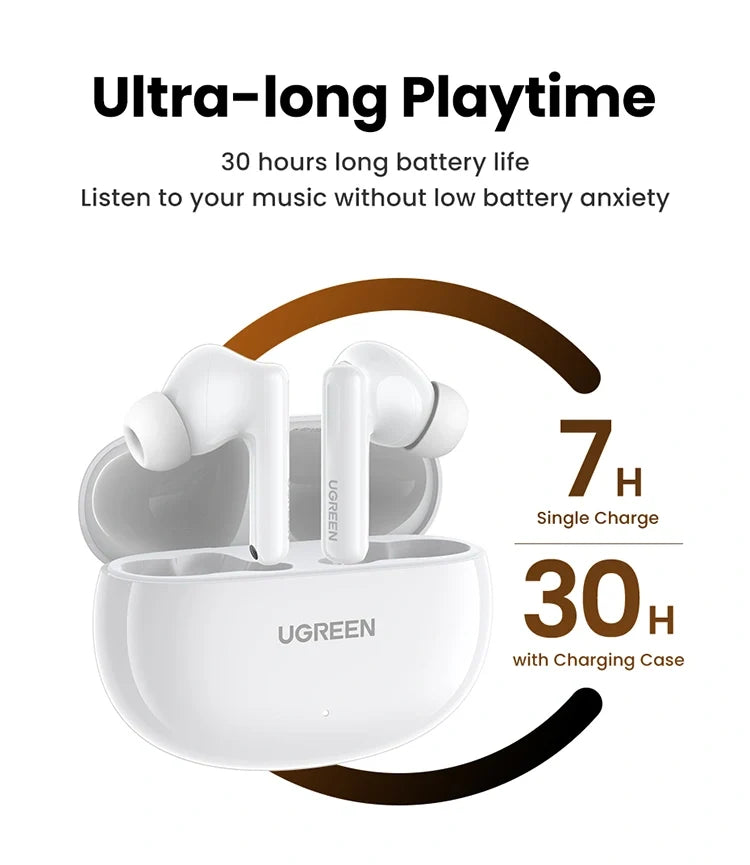 UGREEN HiTune T6 سماعات لاسلكية بإلغاء الضوضاء الهجين - أبيض