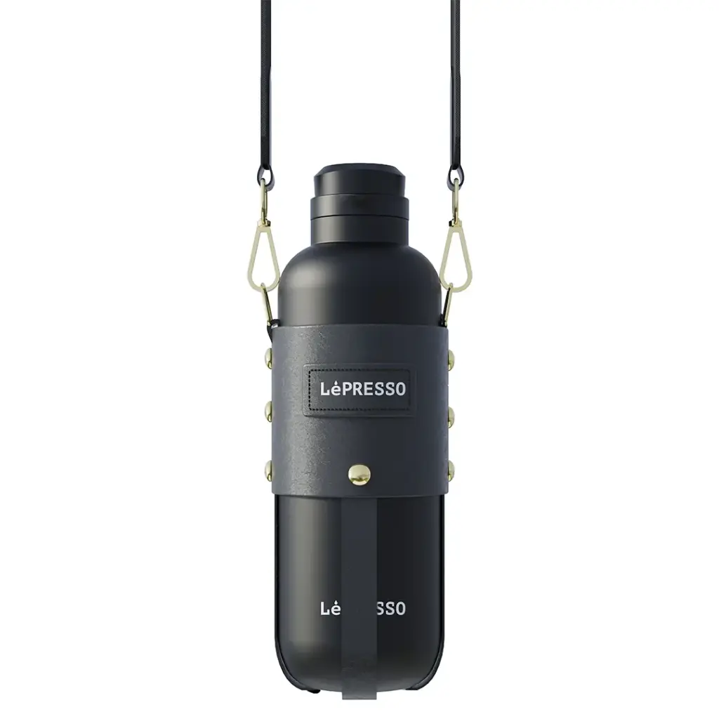 LePresso ThermaTrail Thermos Bottle with Crossbody Strap (Black)