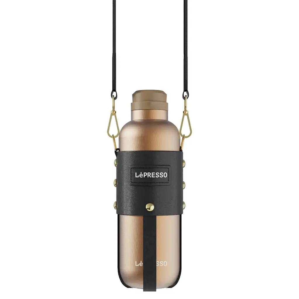 LePresso ThermaTrail Thermos Bottle with Crossbody Strap (Gold)