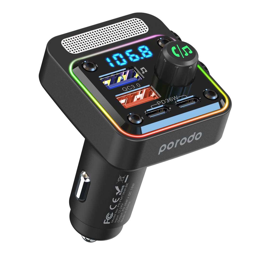 Porodo Quick-Charge FM Car Charger Dual USB-C & USB-A - PDFMT36WBK
