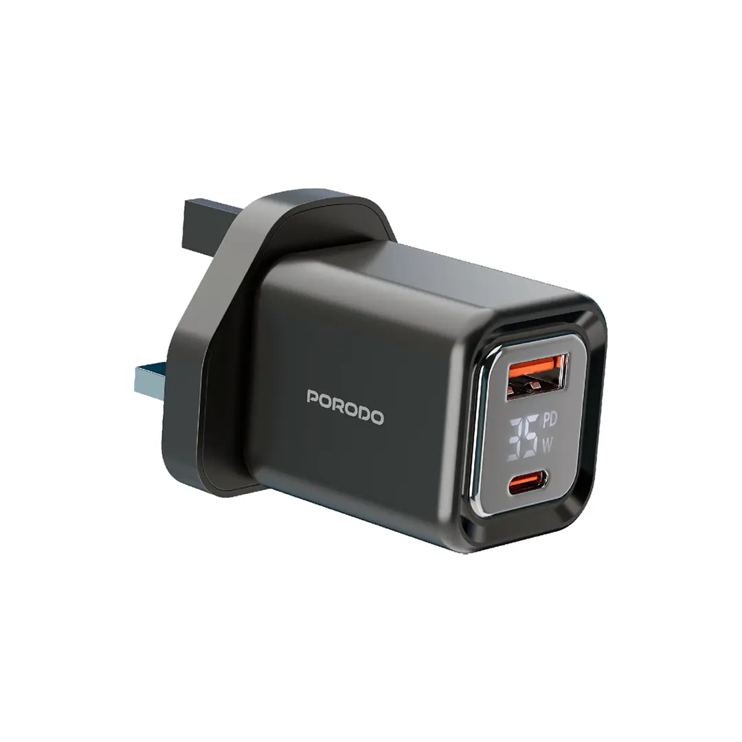 Porodo Dual-Port | Digital Display Quick Charger with Cable - PD-FWCH058-C-BK