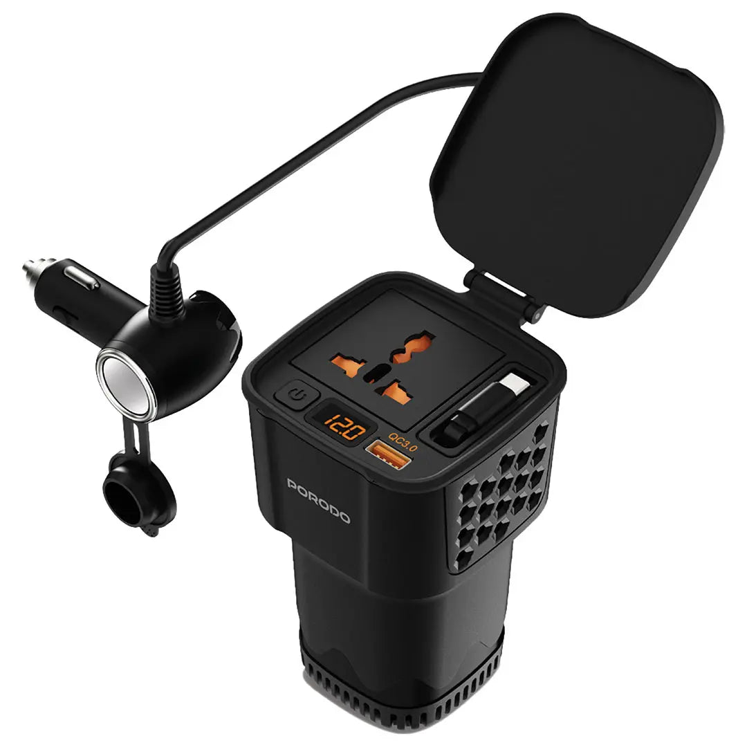 Porodo DriveStation 200W Car Power Inverter with Real-Time Voltage Display - PDCI103BK