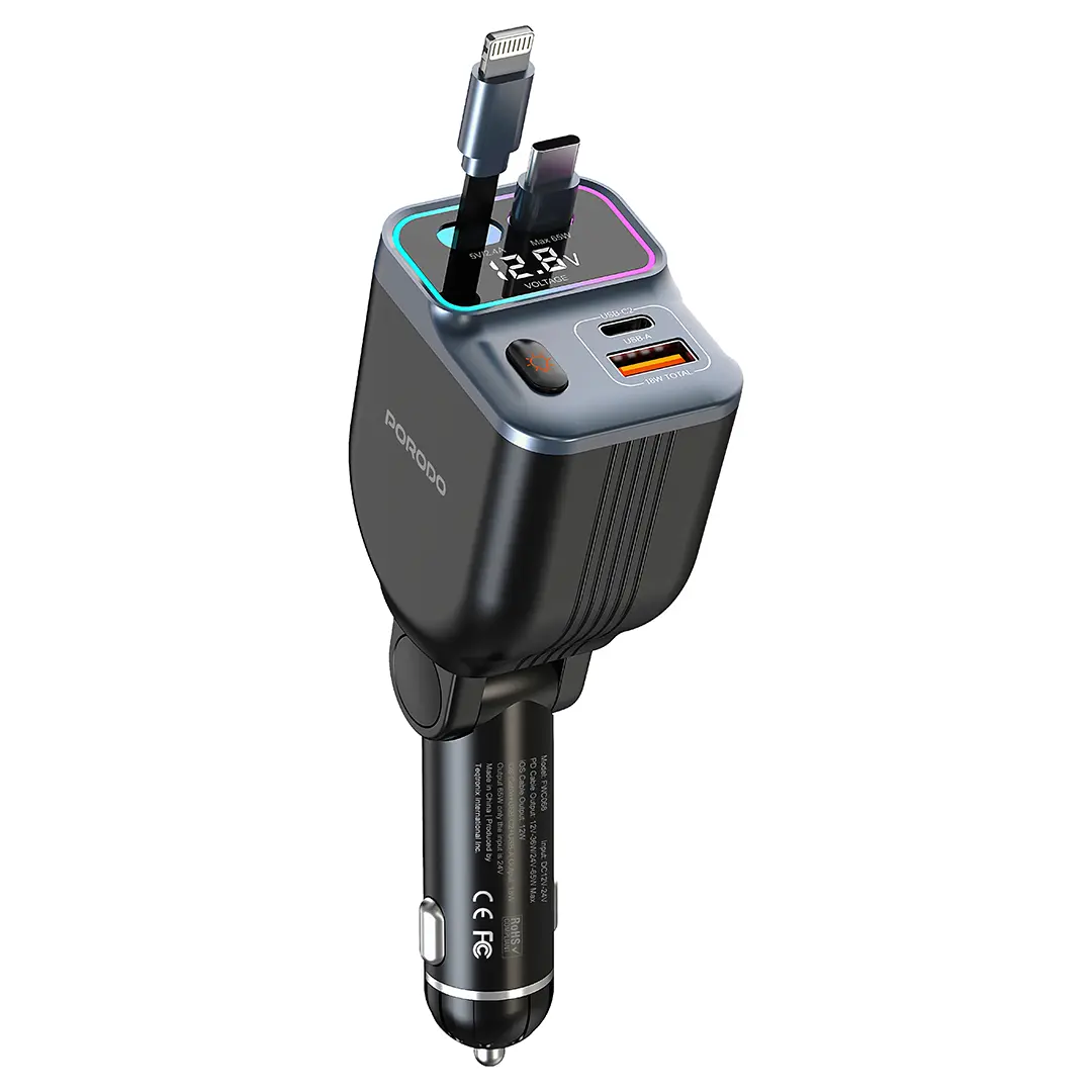 Porodo 65W Car Charger Dual Retractable Cable - PDFWCH068BK
