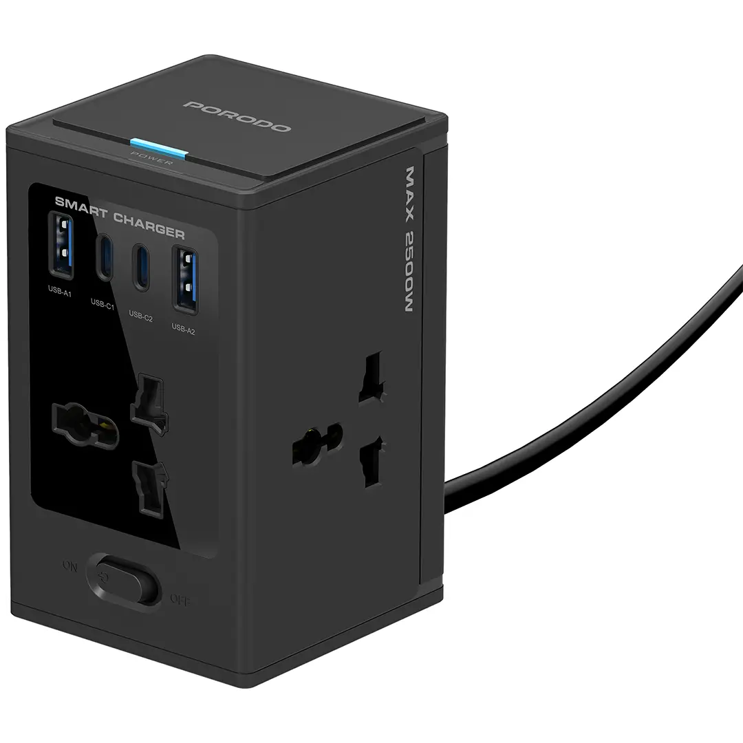 Porodo Universal GaN Multi-Port Cube Adapter with 4 AC Sockets - PDUNS8430BK