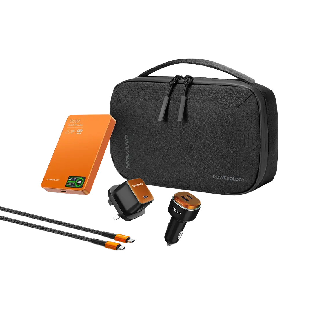 Powerology Nirvano 5-In-1 POWER Travel Kit - PPBCHA121BKOG - Black/
Orange