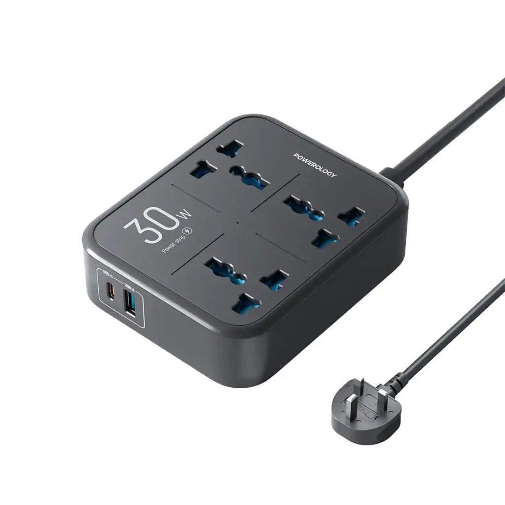 Powerology 3250W Power Strip 3 AC Sockets with 30W USB-C - Black
