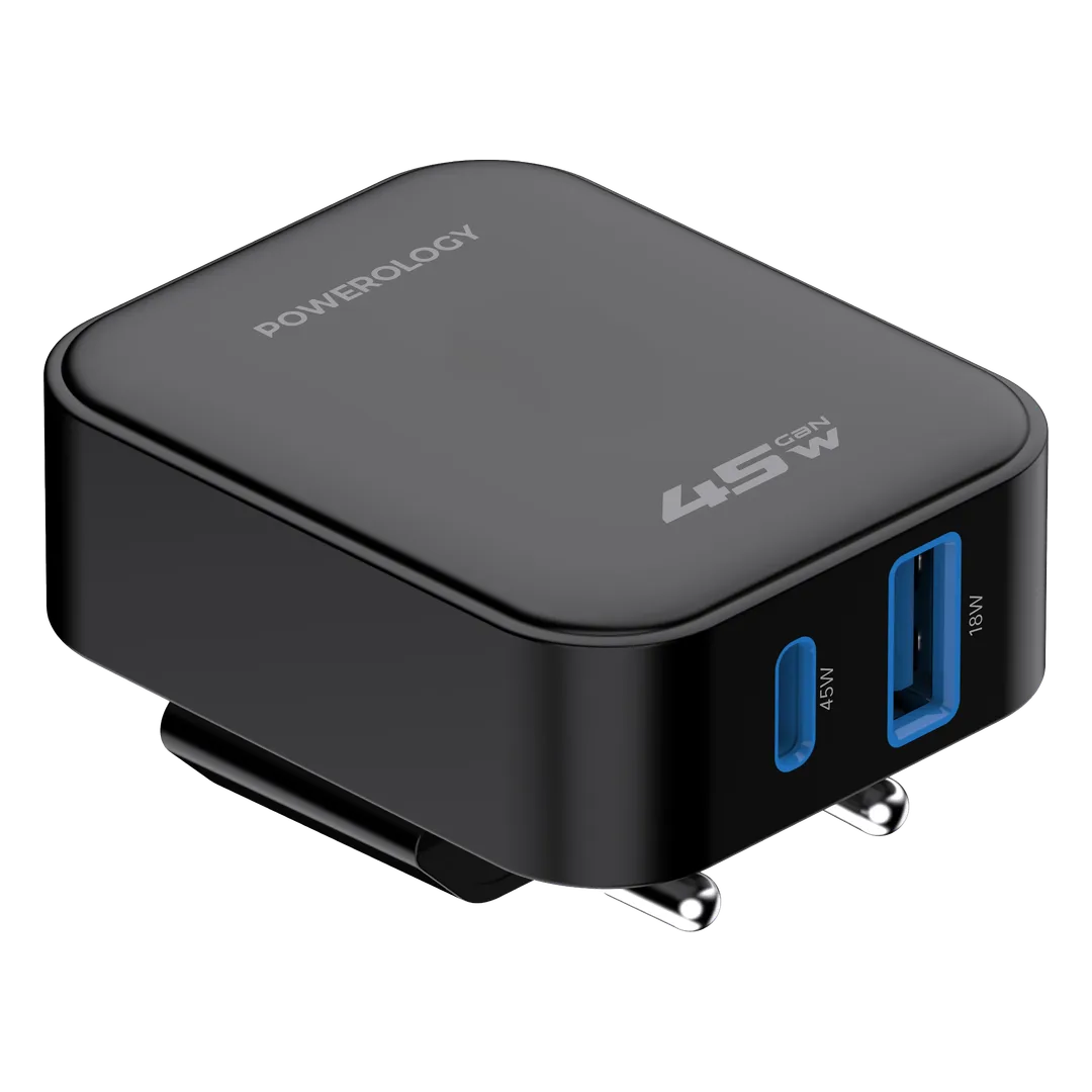 Powerology Crab 45W Foldable EU GaN Charger - Black