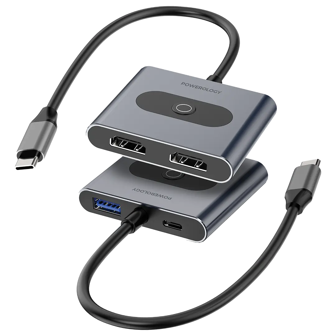 Powerology موزع USB-C متعدد الوظائف 4 في 1، يدعم الشحن السريع بقدرة 100 واط - PWFX2508AGY - رمادي