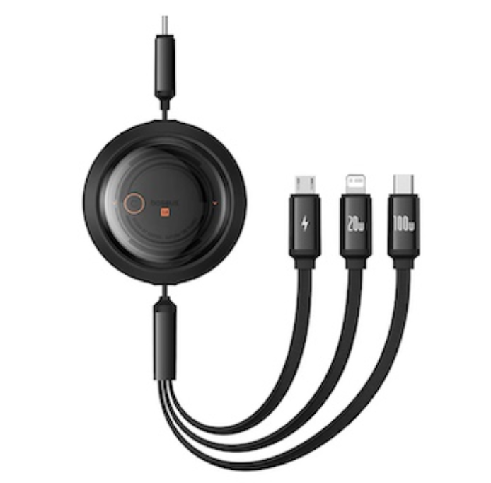 Baseus Free2Draw 1.1m USB-C to M+L+C 100W Retractable Crystal Cable – Black
