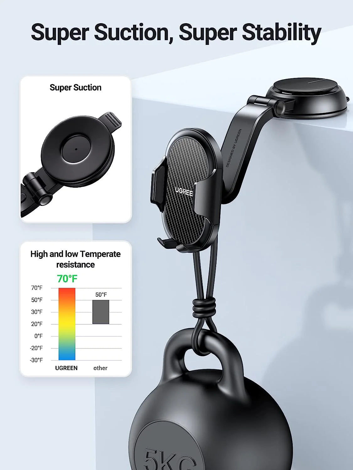 UGREEN حامل هاتف سيارة بكأس شفط على شكل شلال (أسود) - LP405