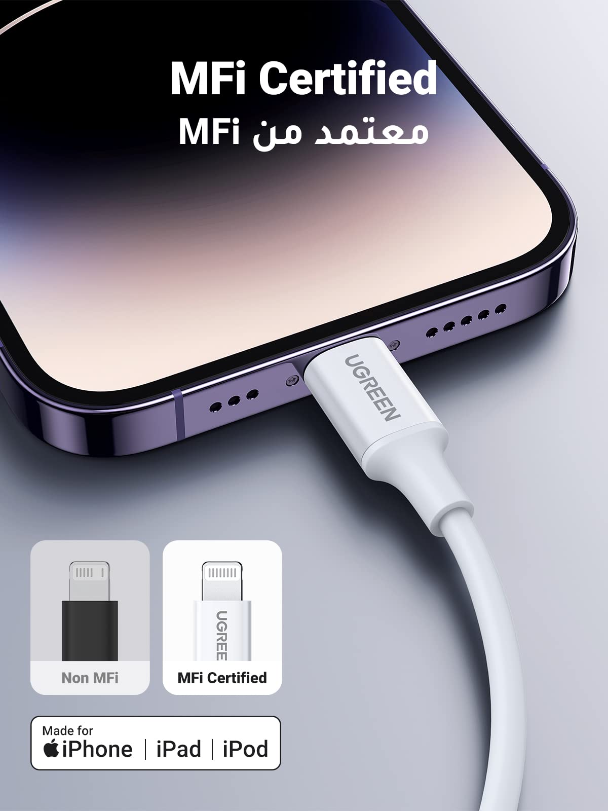 UGREEN كابل USB-C إلى Lightning 60 واط هيكل مطاطي 2 متر (أبيض) - US171