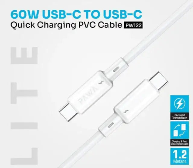 PAWA كابل شحن سريع Lite من Type-C إلى Type-C بقوة 60 واط 1.2 متر - أبيض
