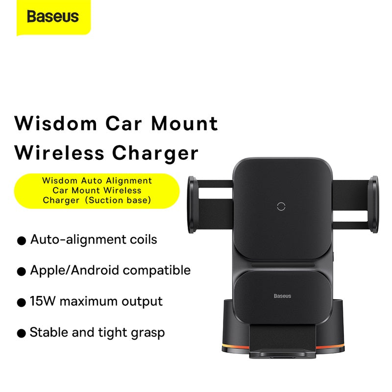 Baseus Wisdom Auto Alignment Car Mount + QI 15W Wireless Charger – Black