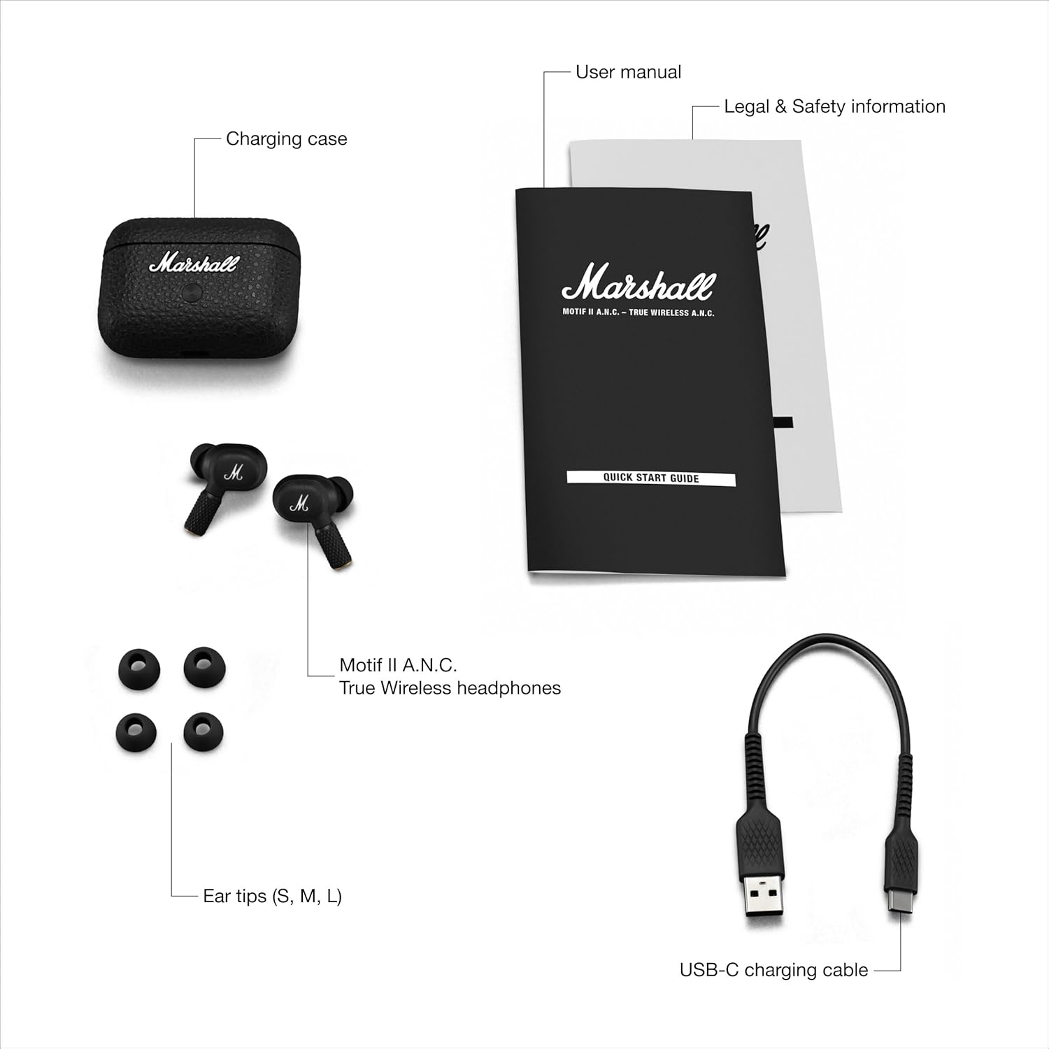 Marshall سماعة اذن لاسلكية مع عزل ضوضاء نشط – لون أسود - Black-MOTIFII