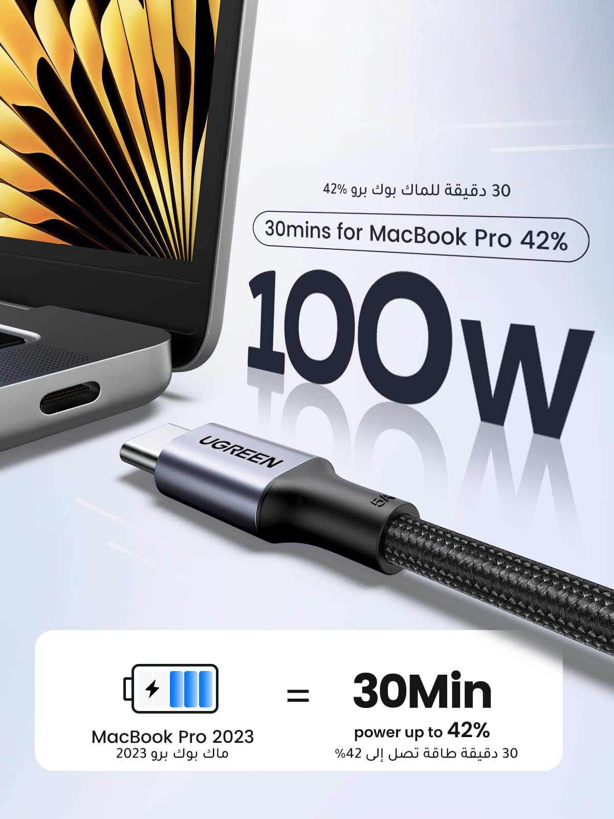 UGREEN كابل USB-C مضفر بقدرة 100 واط 2م (أسود) - US316