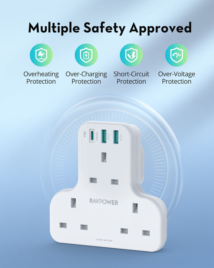 RAVPower PD Pioneer شاحن حائط بقوة 20 واط وثلاثة منافذ بقابس بريطاني - أبيض