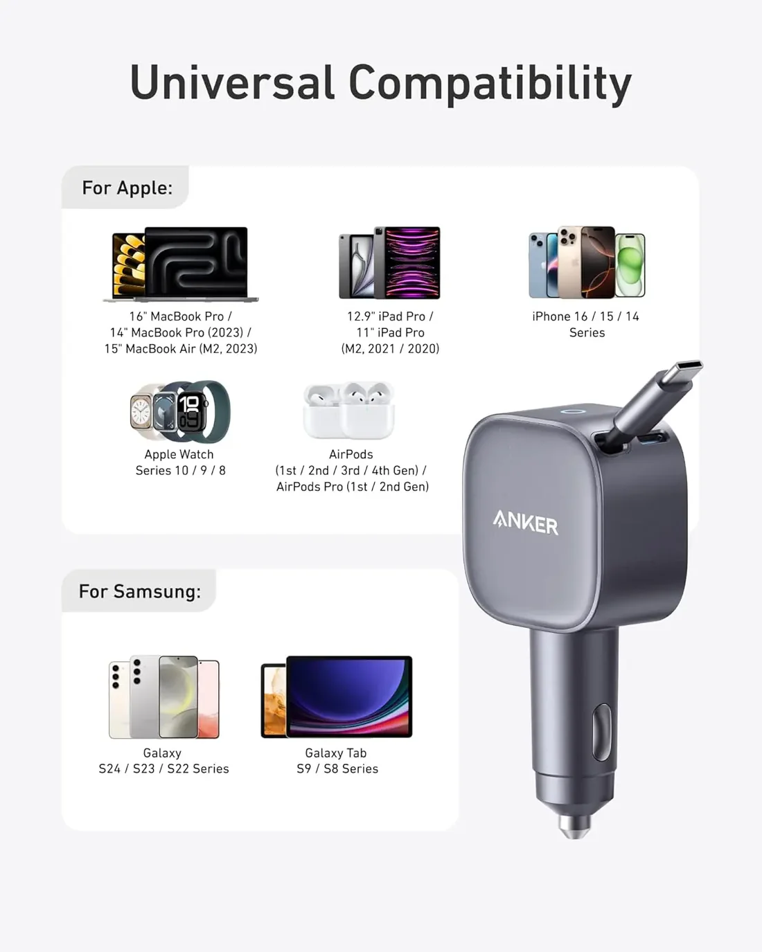 شاحن سيارة أنكر نانو (75 واط، منفذ USB-C، كابل USB-C مدمج قابل للسحب) - فضي