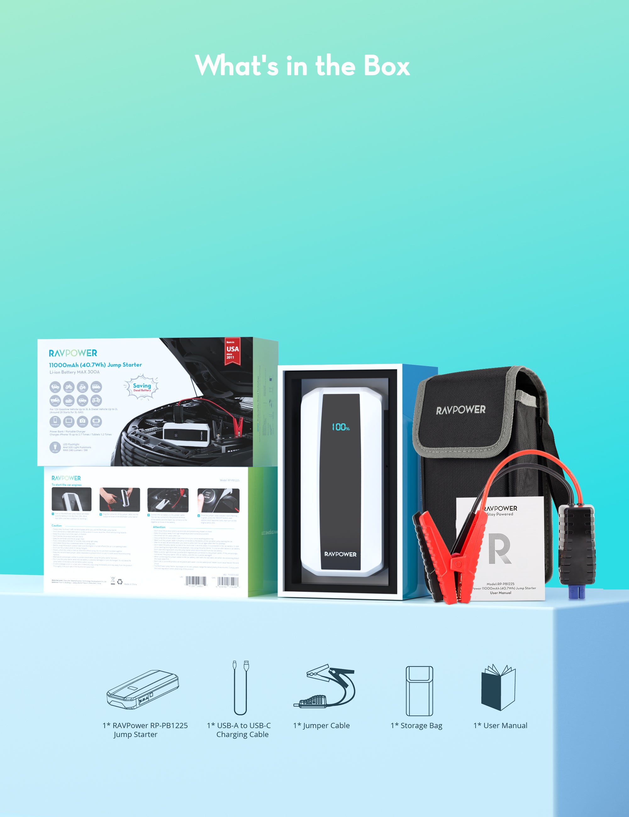RAVPower بادئ تشغيل 11000 ملي أمبير أبيض/أسود - RP-PB1225