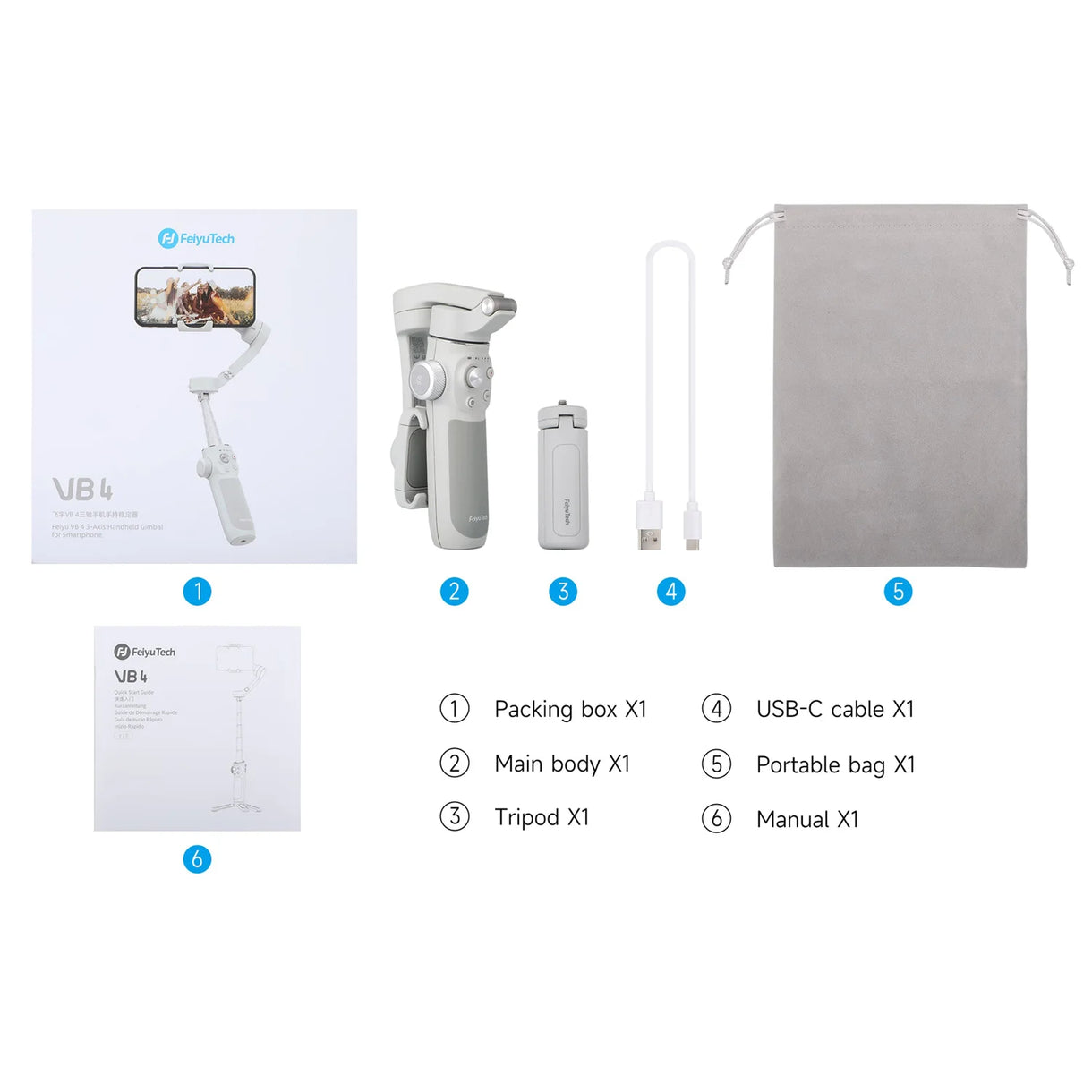 Feiyu VB 4 مثبت يدوي ثلاثي المحاور للهواتف الذكية - رمادي فاتح