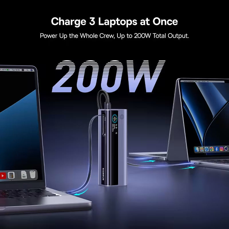Baseus EnerGeek GR11 باور بانك بكابل قابل للسحب 25000 ملي أمبير 200 واط - رمادي فضائي