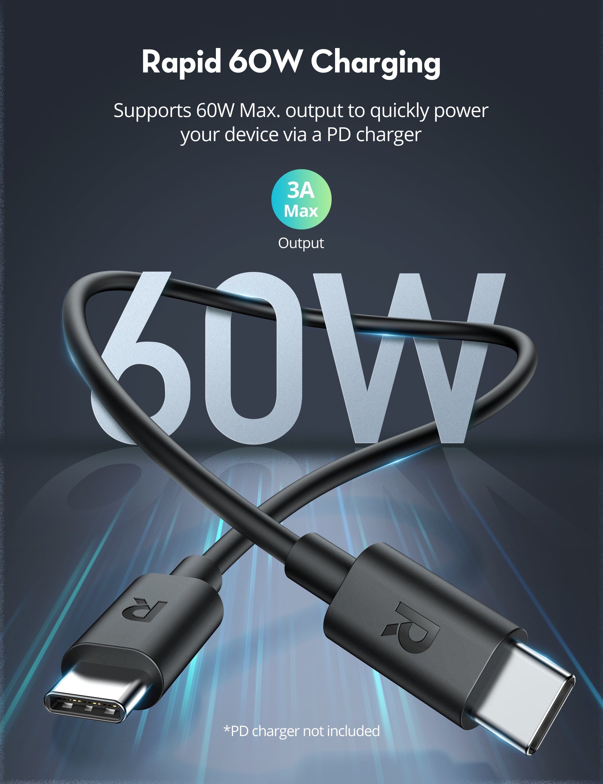 RAVPower كابل من النوع C إلى النوع C بطول 2 متر، مصنوع من مادة TPE سوداء - CB068