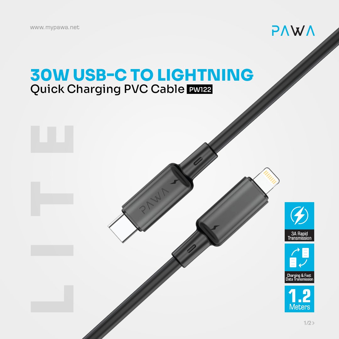 PAWA كابل شحن سريع Lite من Type-C إلى Lightning بقوة 30 واط 1.2 متر - أسود