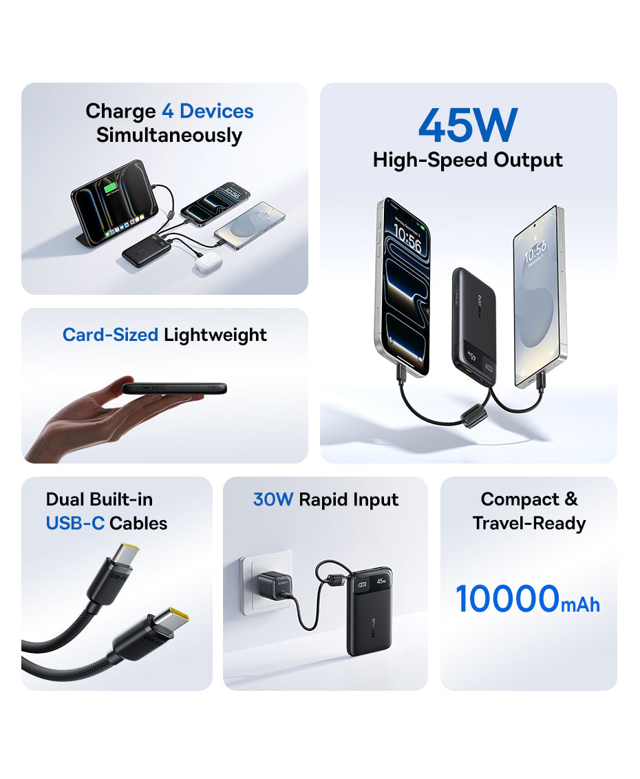 Baseus بنك طاقة EnerFill FC11 بشاشة عرض رقمية وكابلين USB-C مدمجين، سعة 10000 مللي أمبير، قدرة 45 واط - E0031000 - أسود كوني