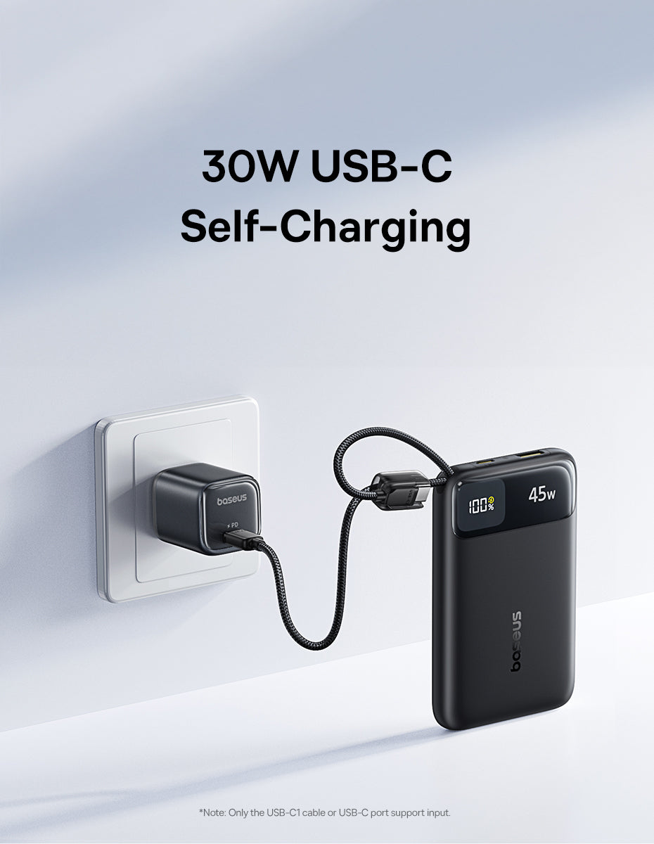 Baseus بنك طاقة EnerFill FC11 بشاشة عرض رقمية وكابلين USB-C مدمجين، سعة 10000 مللي أمبير، قدرة 45 واط - E0031000 - أسود كوني