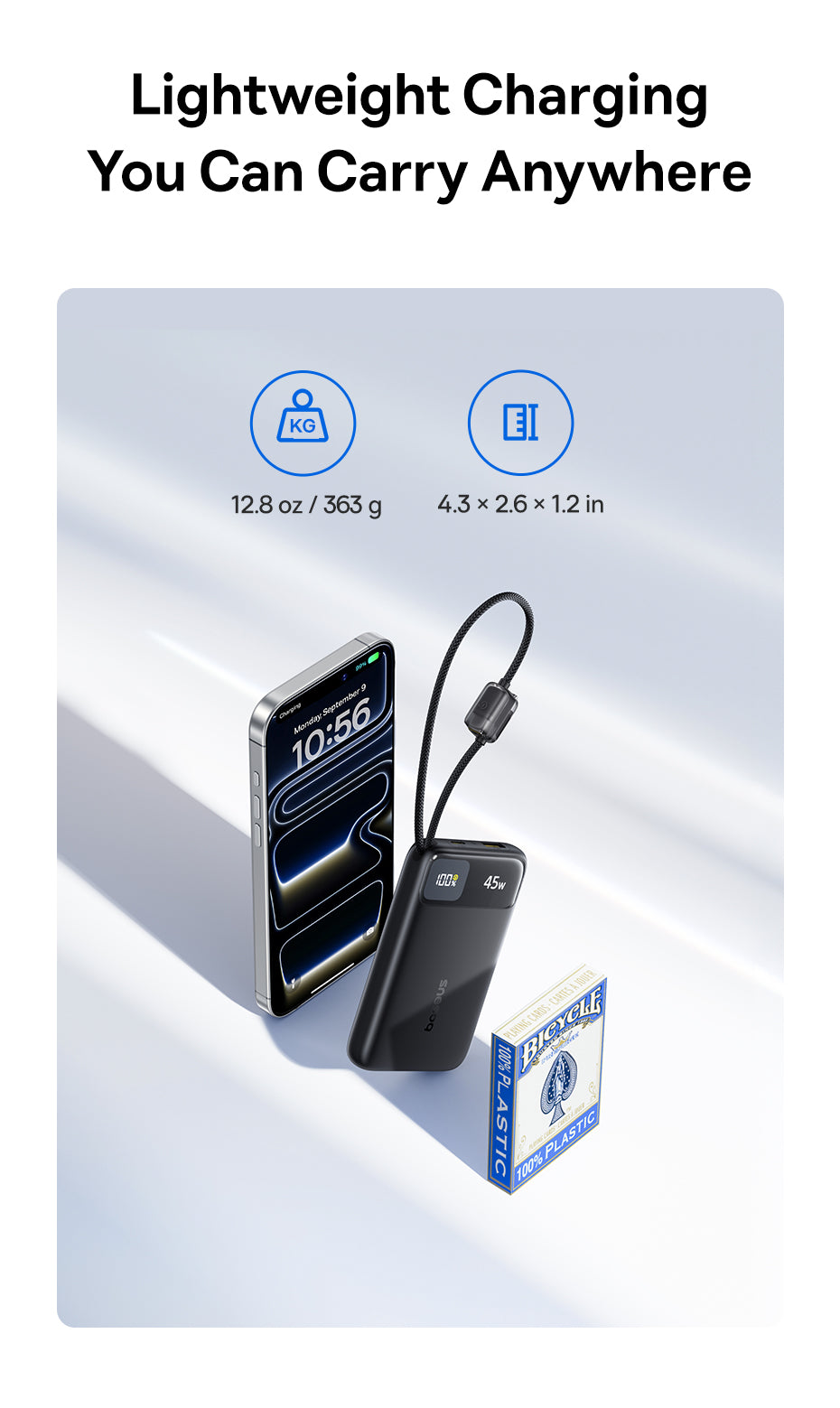 Baseus بنك طاقة EnerFill FC11 بشاشة عرض رقمية وكابلين USB-C مدمجين، سعة 10000 مللي أمبير، قدرة 45 واط - E0031000 - أسود كوني