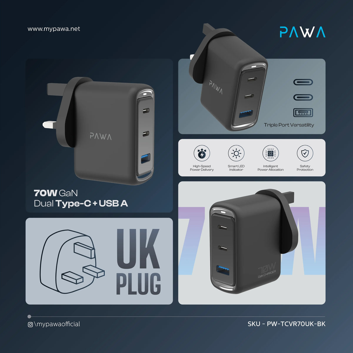 شاحن PAWA فيكتور GaN بقوة 70 واط بثلاثة منافذ