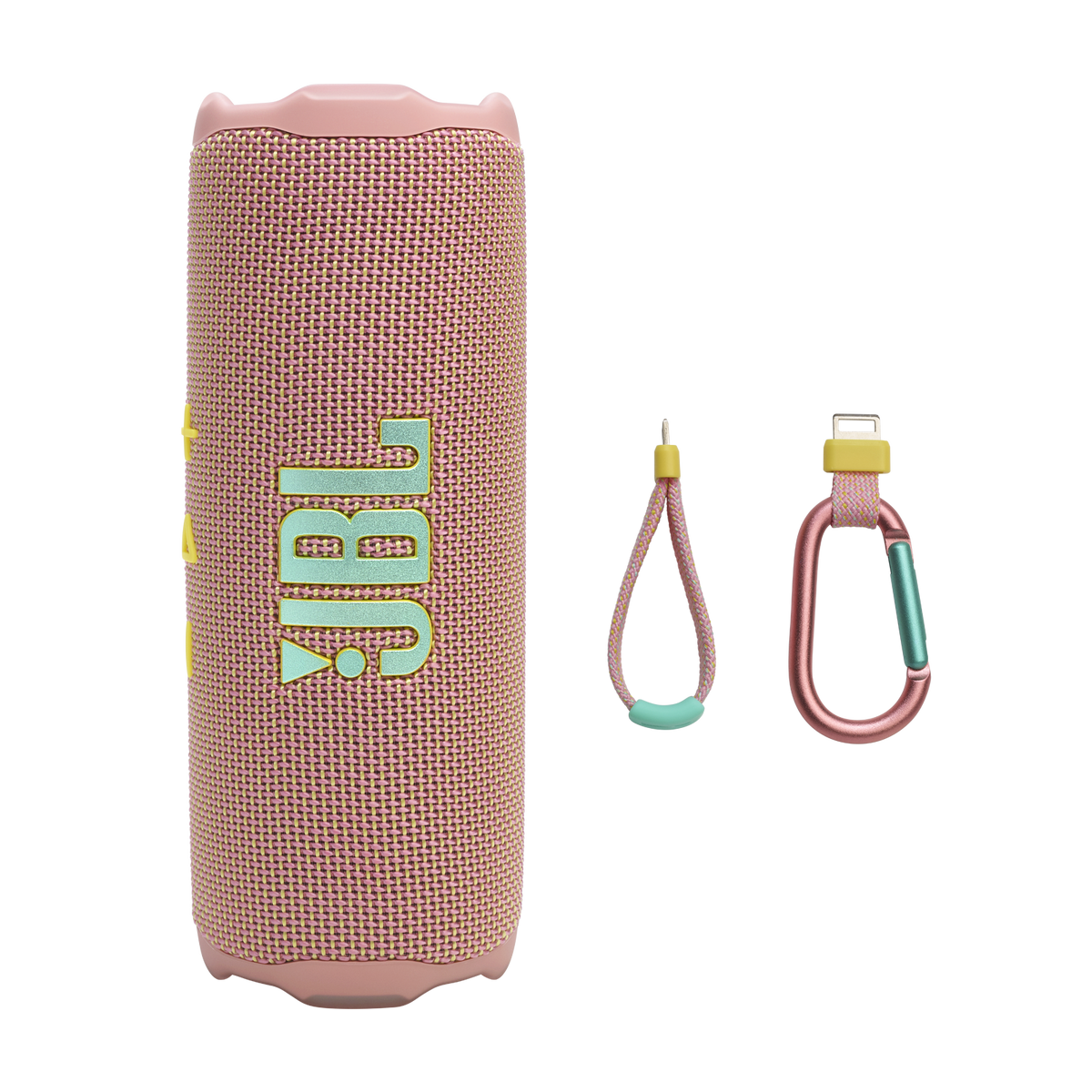 JBL Flip 7 pink with carabiner accessory
