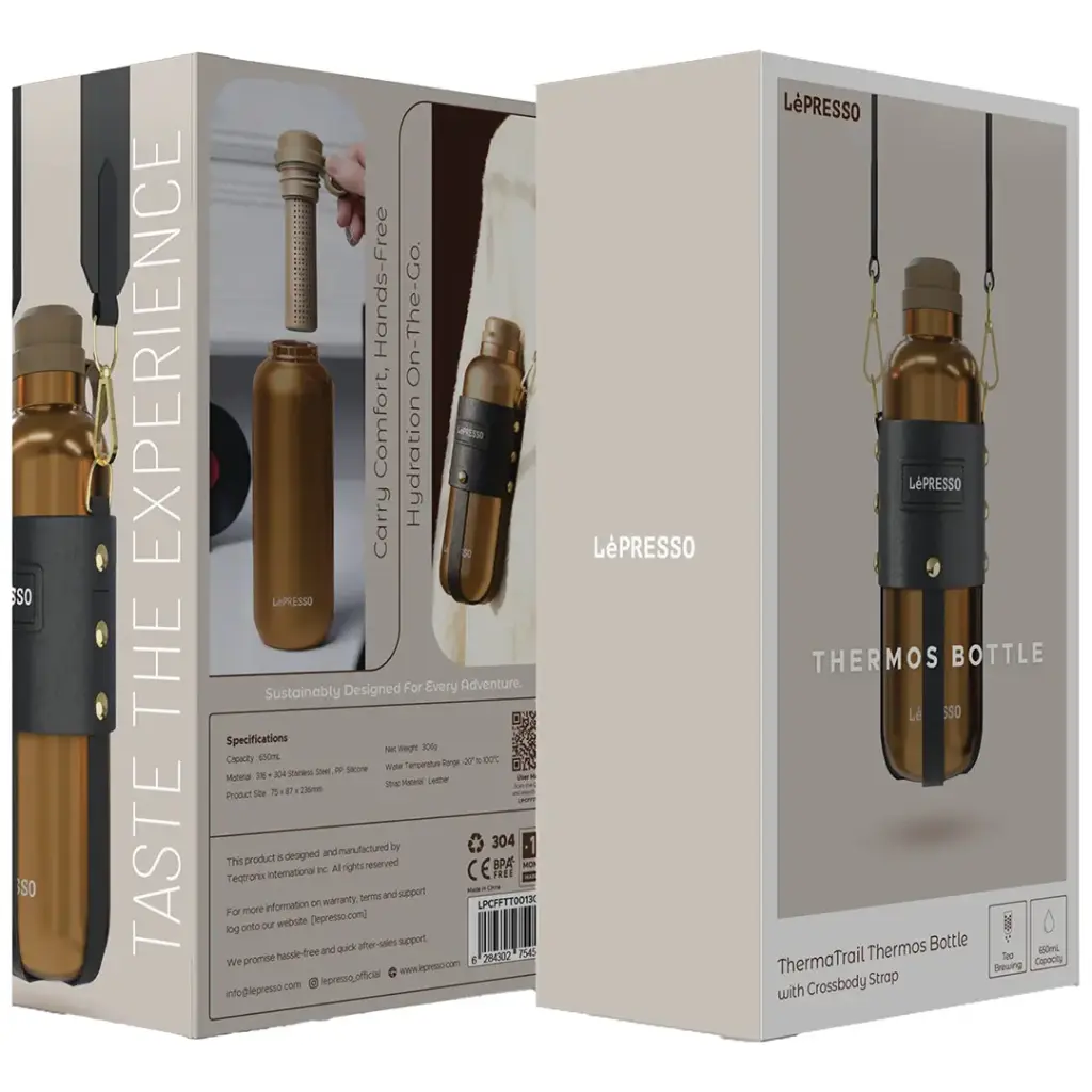 LePresso ThermaTrail Thermos Bottle with Crossbody Strap (Gold)