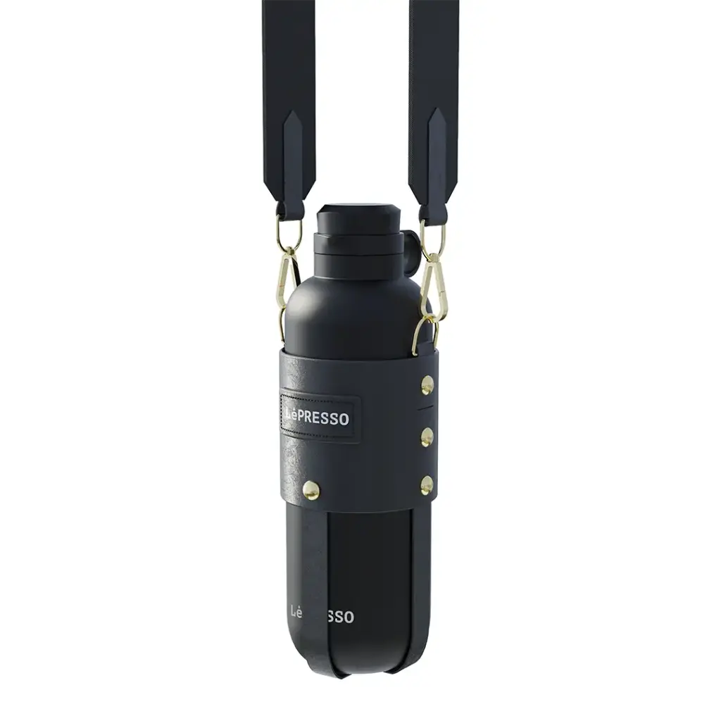 LePresso ThermaTrail Thermos Bottle with Crossbody Strap (Black)