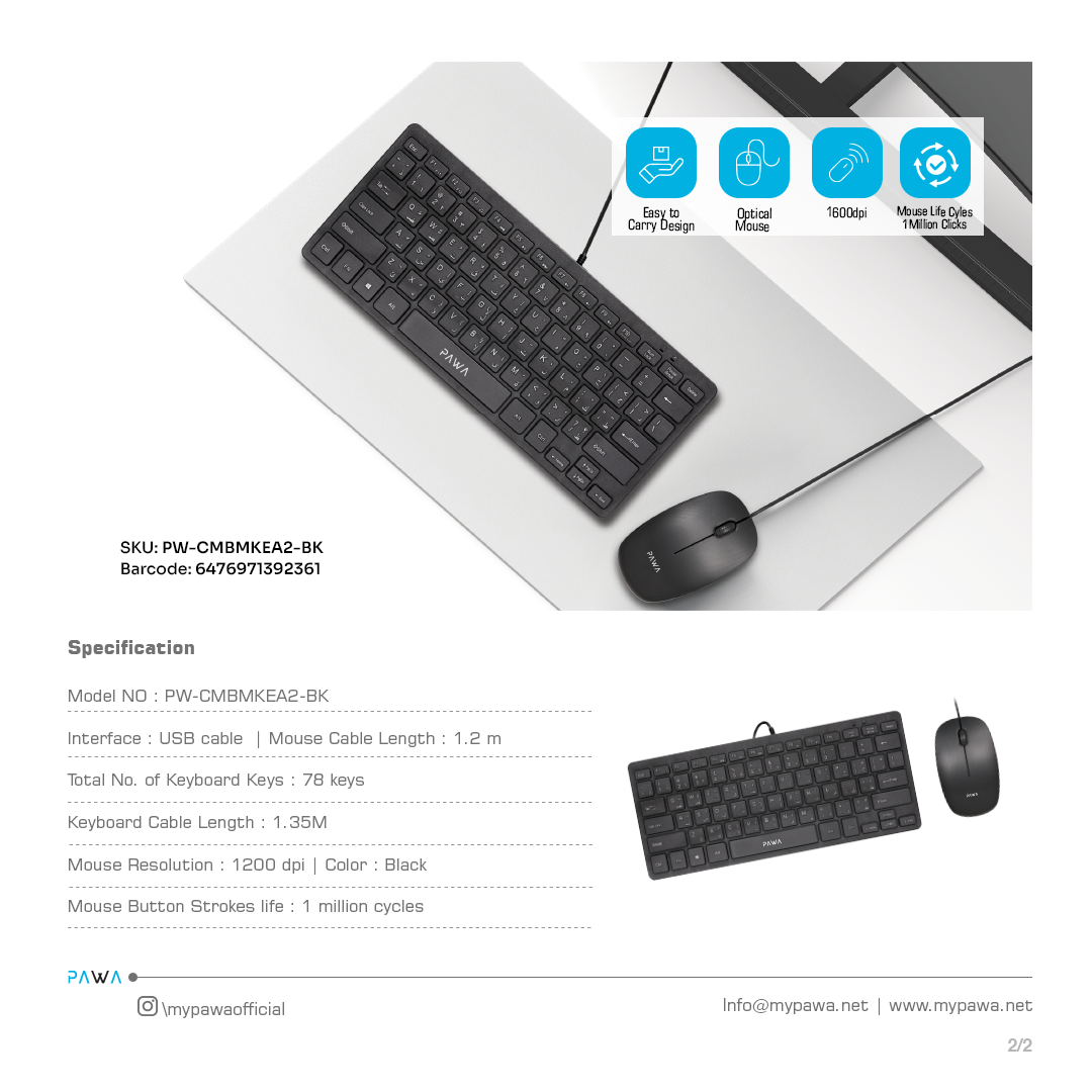 PAWA Wired Slim Keyboard & Mouse Mini Desktop Pack - Black