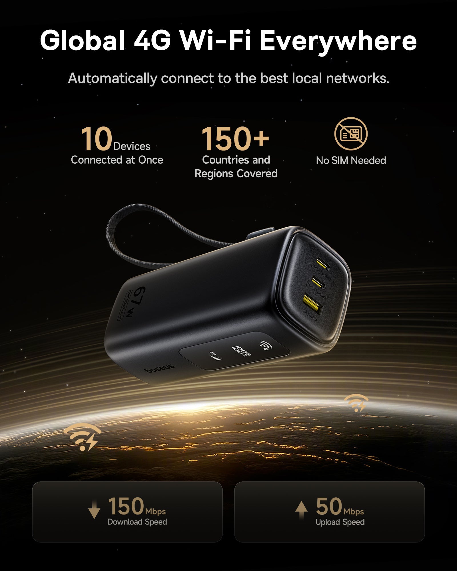 Baseus بنك طاقة EnerGeek GX11 MiFi بسعة 20000 مللي أمبير وقوة 67 واط - E0025701 - أسود كوني