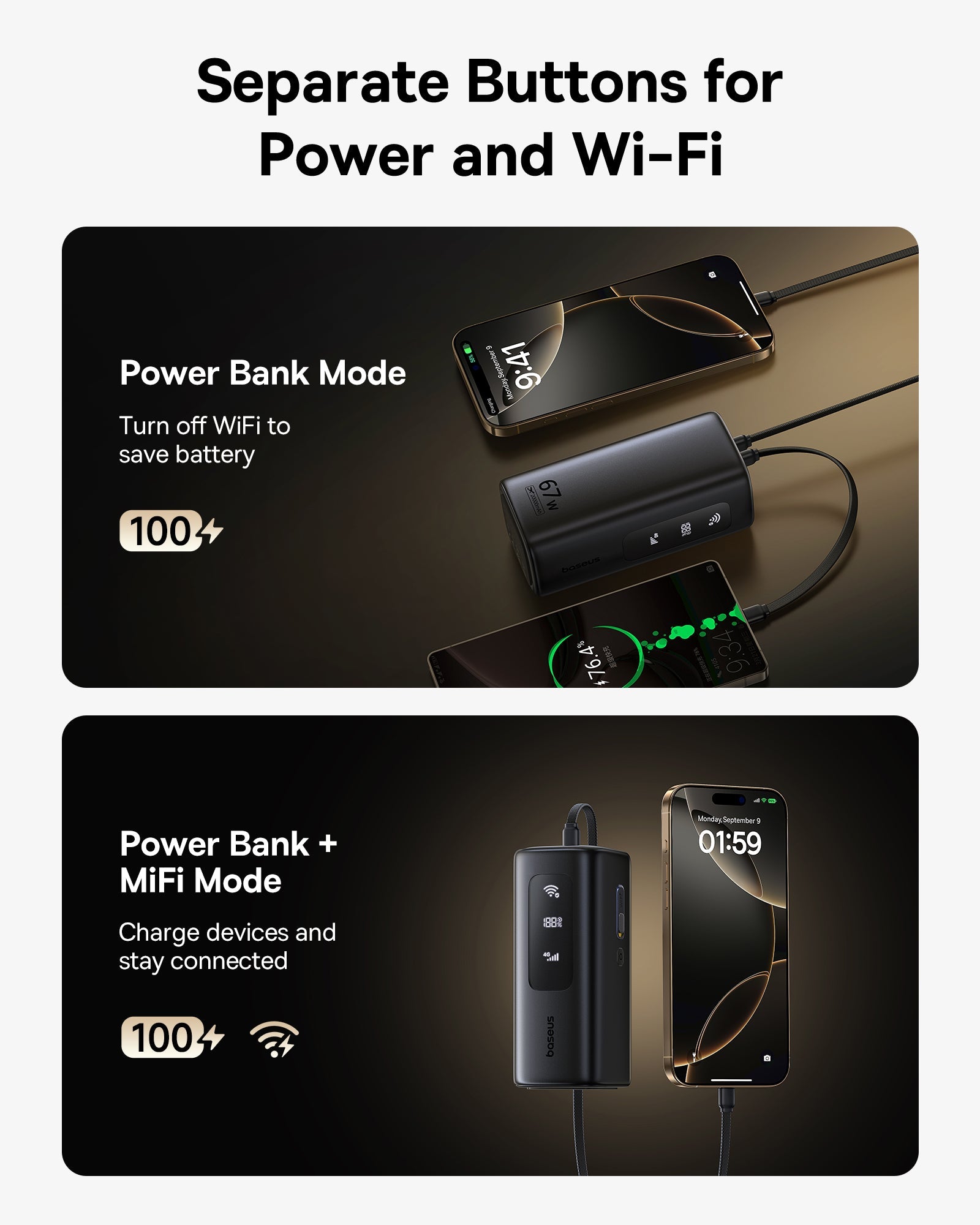 Baseus بنك طاقة EnerGeek GX11 MiFi بسعة 20000 مللي أمبير وقوة 67 واط - E0025701 - أسود كوني