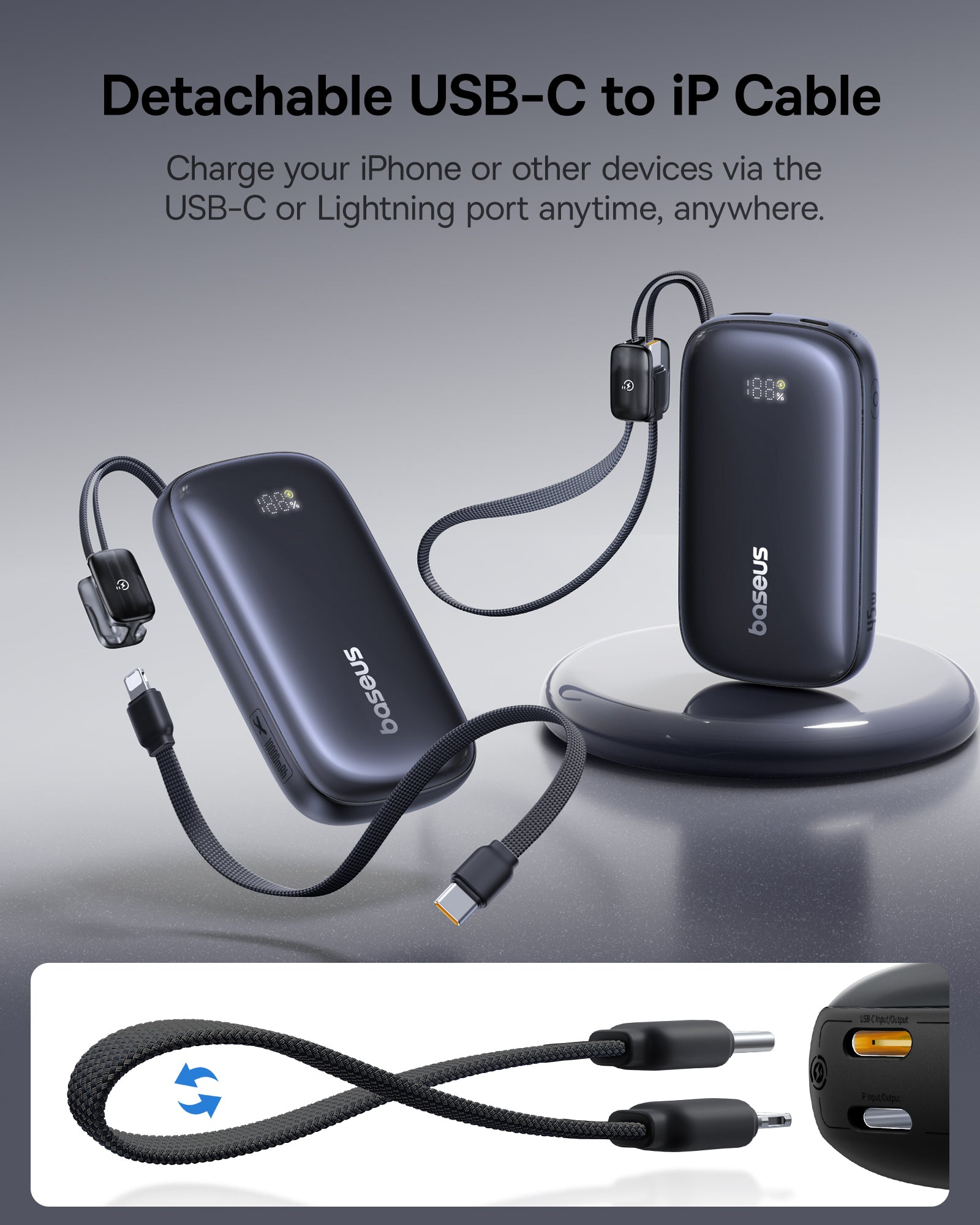 Baseus بنك طاقة EnerFill FC21 QPow3 بسعة 10000 مللي أمبير وقوة 45 واط وشاشة عرض رقمية مع كابل قابل للفصل - E0027Q00 - أسود