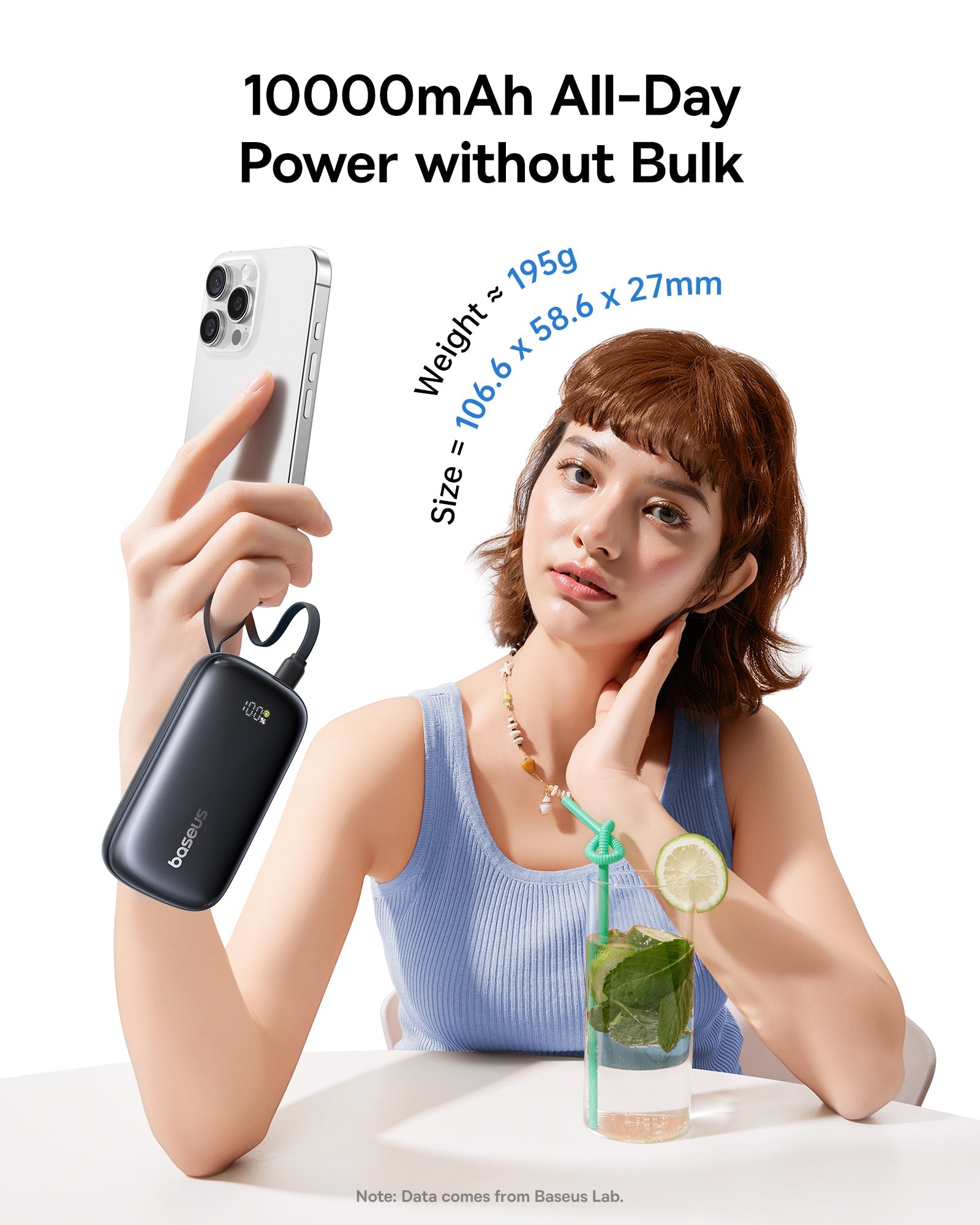 Baseus بنك طاقة EnerFill FC21 QPow3 بسعة 10000 مللي أمبير وقوة 45 واط وشاشة عرض رقمية مع كابل قابل للفصل - E0027Q00 - أسود