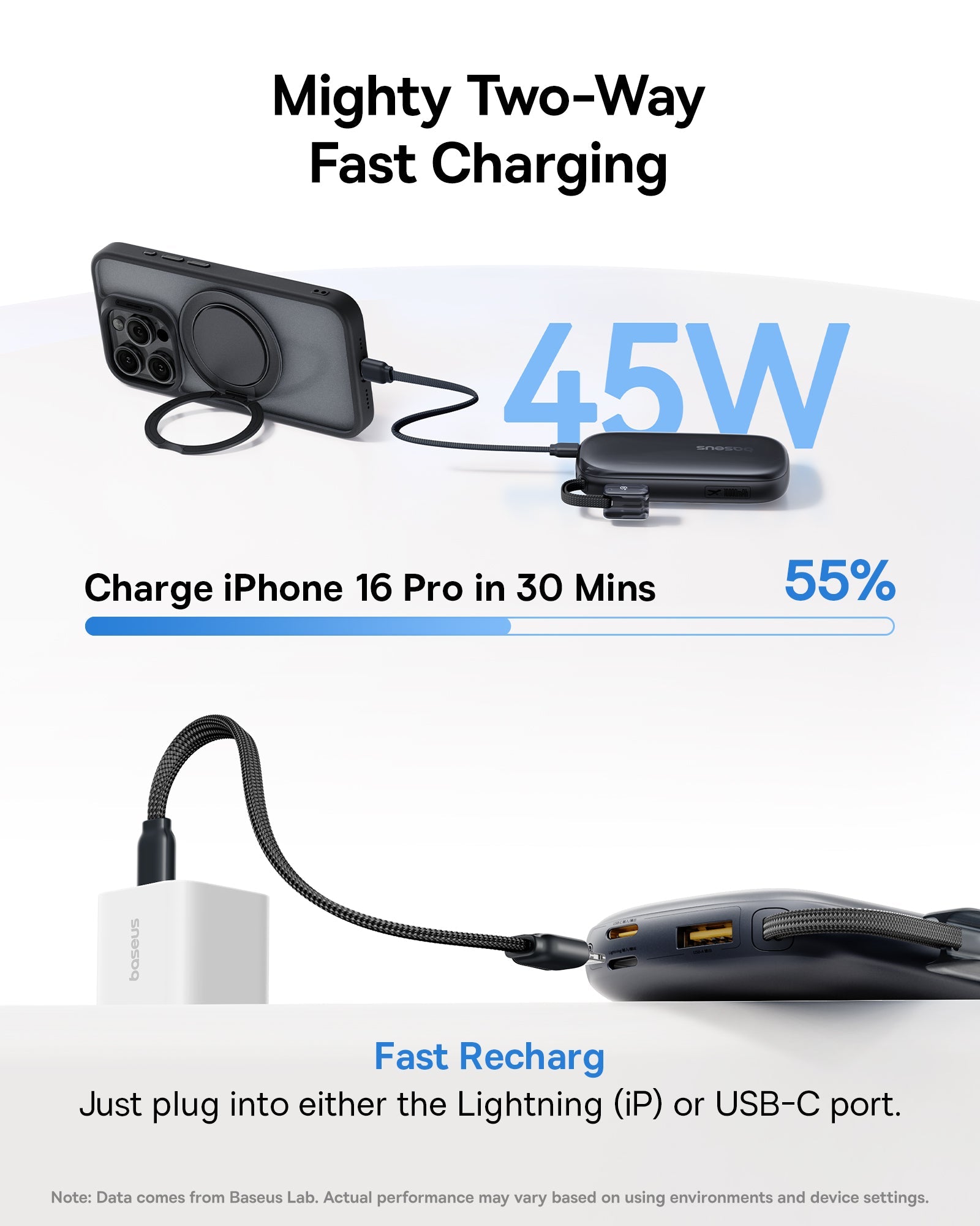 Baseus بنك طاقة EnerFill FC21 QPow3 بسعة 10000 مللي أمبير وقوة 45 واط وشاشة عرض رقمية مع كابل قابل للفصل - E0027Q00 - أسود